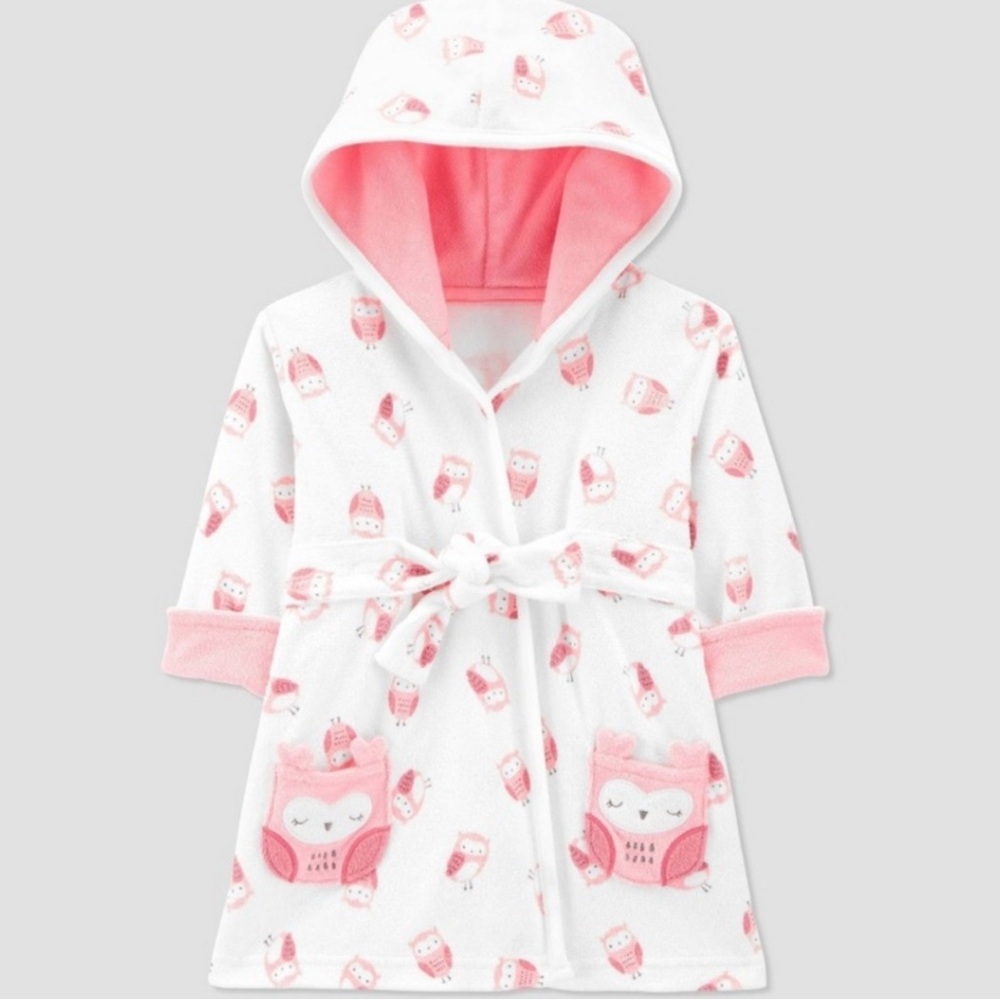 Carters NWT Owl Print Bath‎ Robe - Pink and White Baby girl 0-9 months